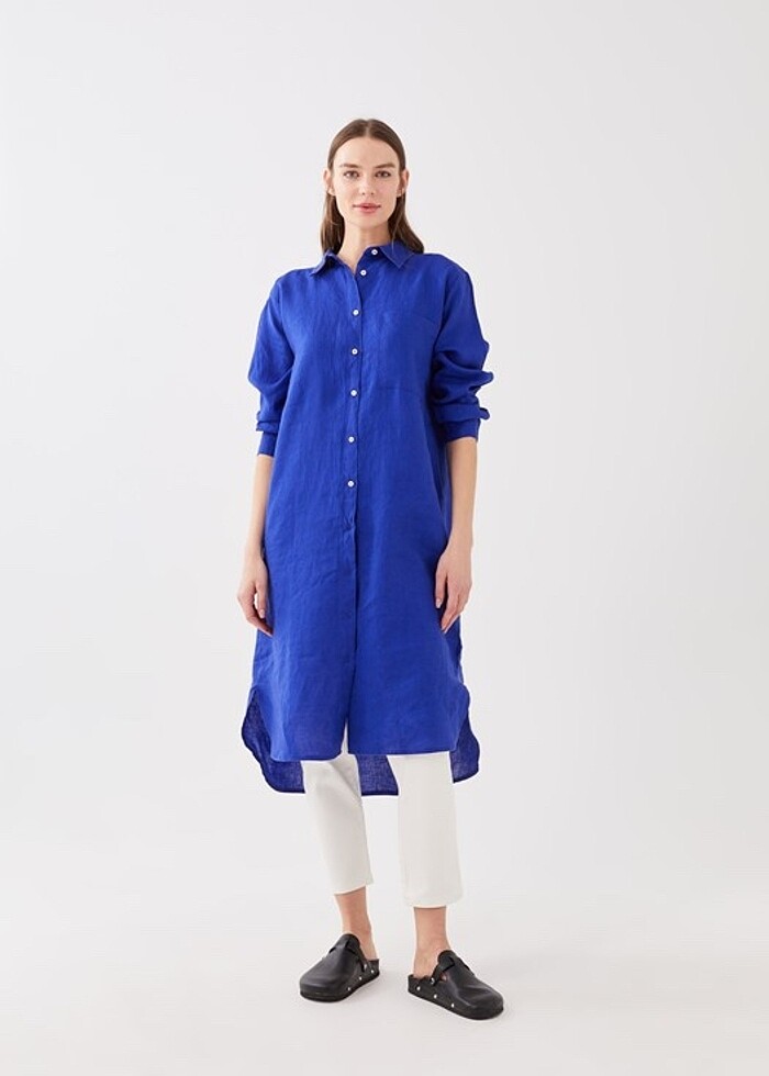 Keten mavi gömlek elbise - Görsel 3