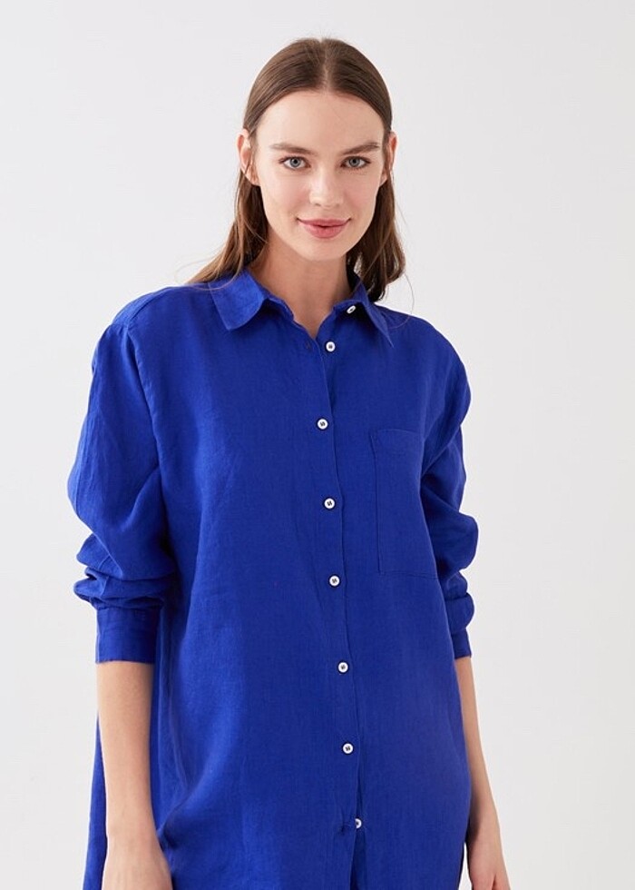 Keten mavi gömlek elbise - Görsel 2