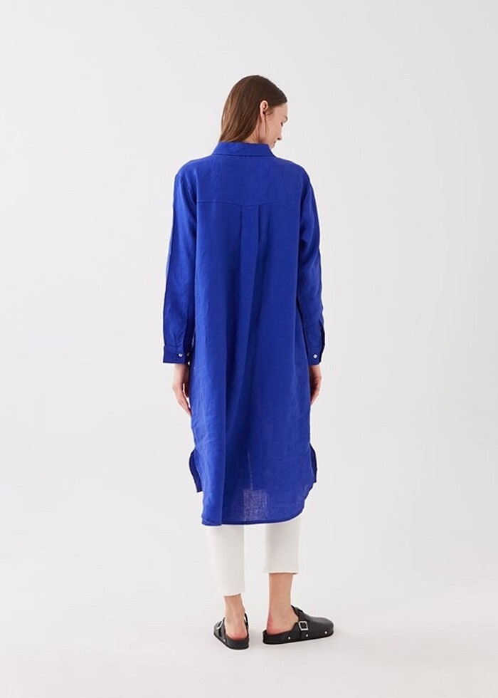 Keten mavi gömlek elbise - Görsel 5