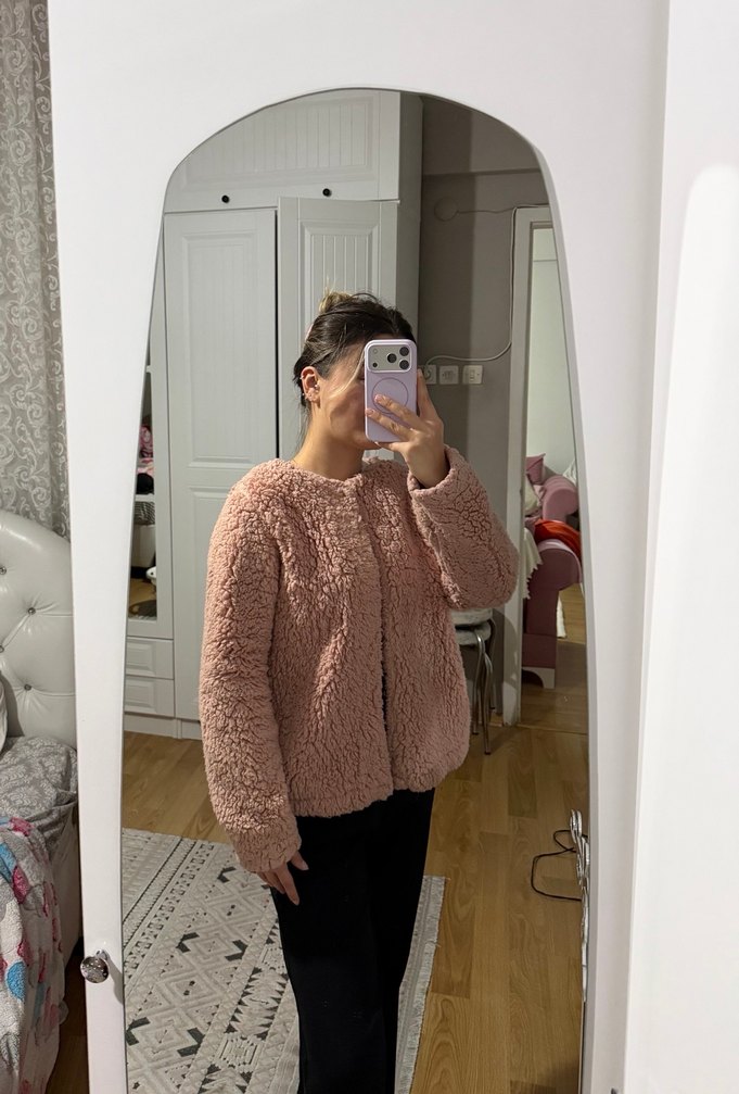 Pembe Peluş Kadın Günlük Ceket - Görsel 3