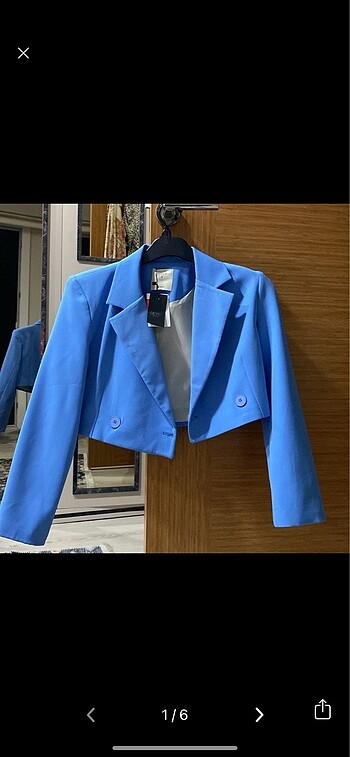 s Beden Mavi Crop blazer ceket