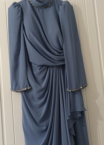 Drapeli Uzun Kollu Mavi Abiye Elbise - Görsel 2