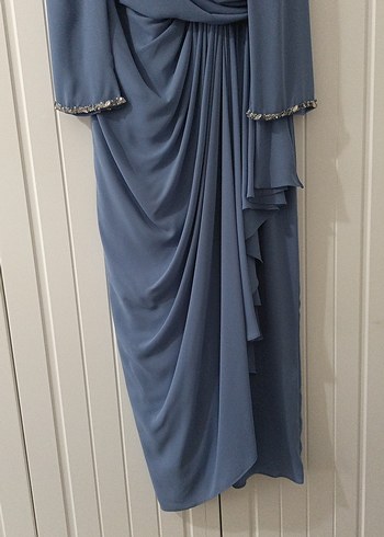 Drapeli Uzun Kollu Mavi Abiye Elbise - Görsel 3