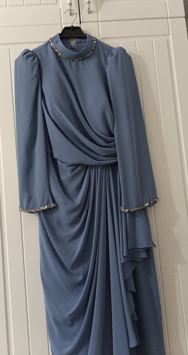 Drapeli Uzun Kollu Mavi Abiye Elbise - Görsel 2