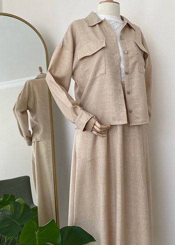 Bej Uzun Keten Kadın ikili Takım - Görsel 3