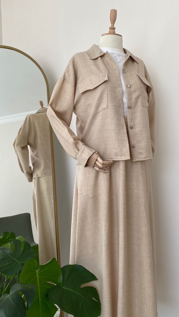 Bej Uzun Keten Kadın ikili Takım - Görsel 3