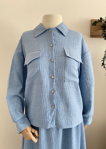 Mavi Uzun Kollu Keten Kadın Takım - Görsel 3