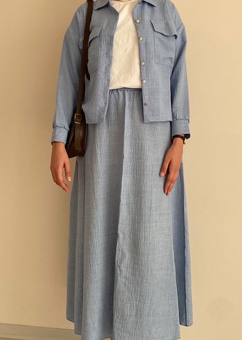 Mavi Uzun Kollu Keten Kadın Takım - Görsel 5