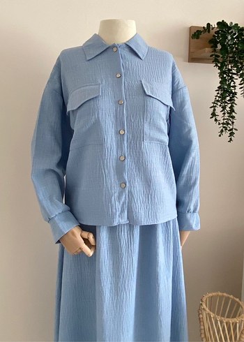 Mavi Uzun Kollu Keten Kadın Takım - Görsel 2