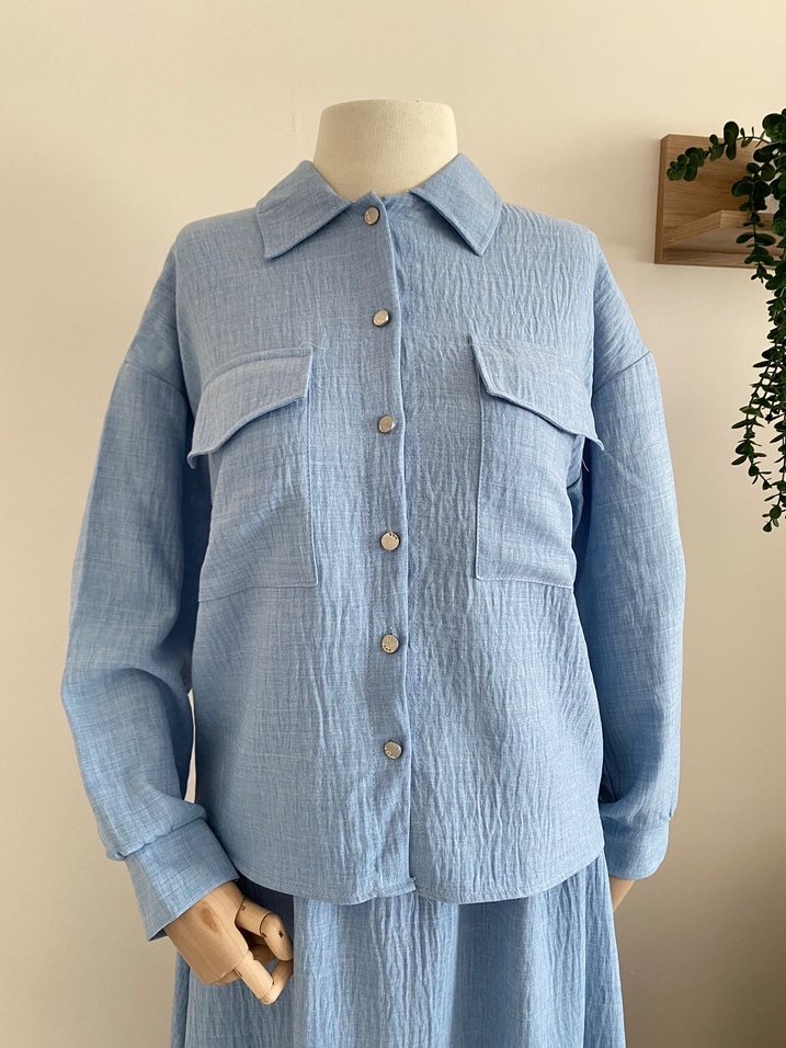 Mavi Uzun Kollu Keten Kadın Takım - Görsel 3