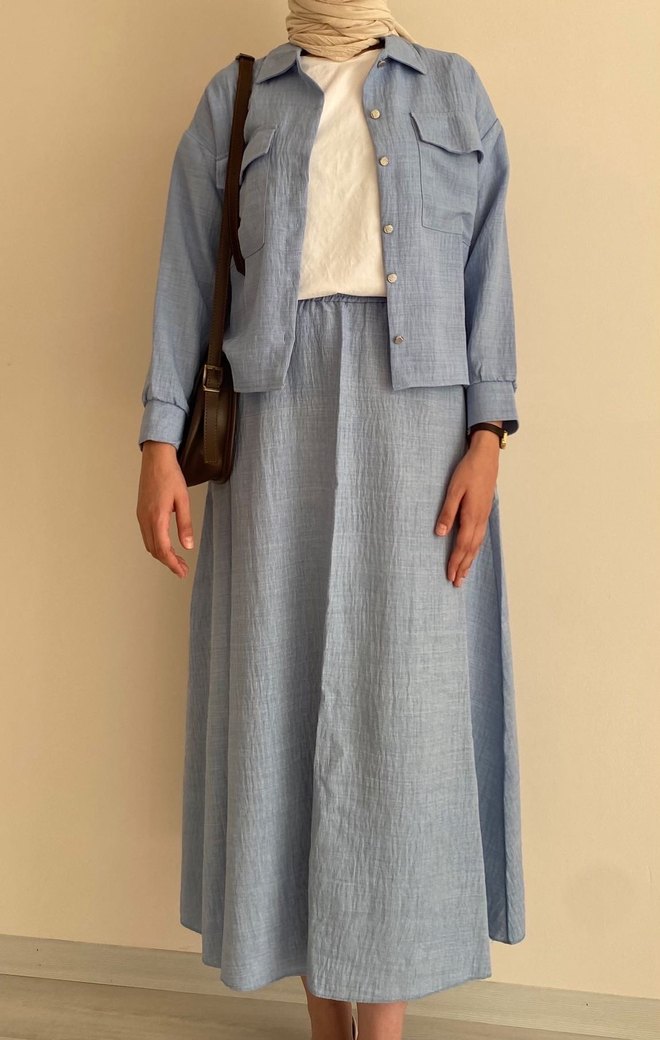 Mavi Uzun Kollu Keten Kadın Takım - Görsel 5