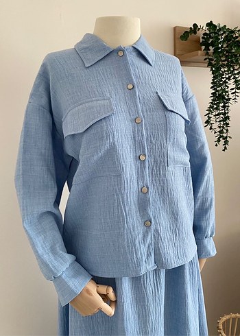 Mavi Uzun Keten Kadın Takım Elbise - Görsel 4