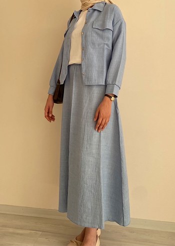 Mavi Uzun Keten Kadın Takım Elbise - Görsel 5