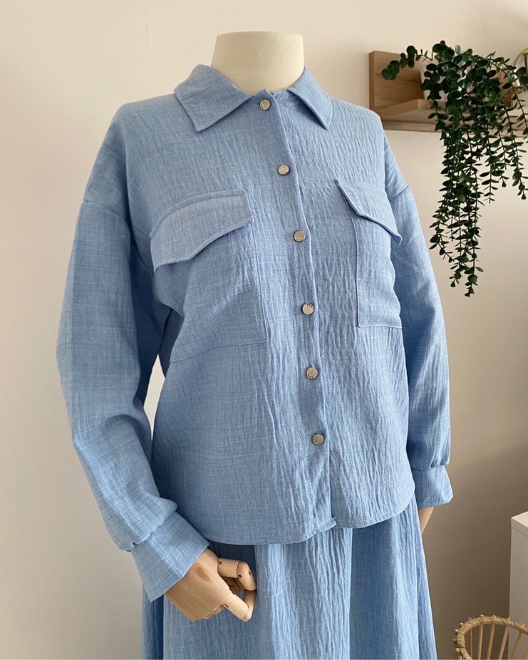 Mavi Uzun Keten Kadın Takım Elbise - Görsel 4