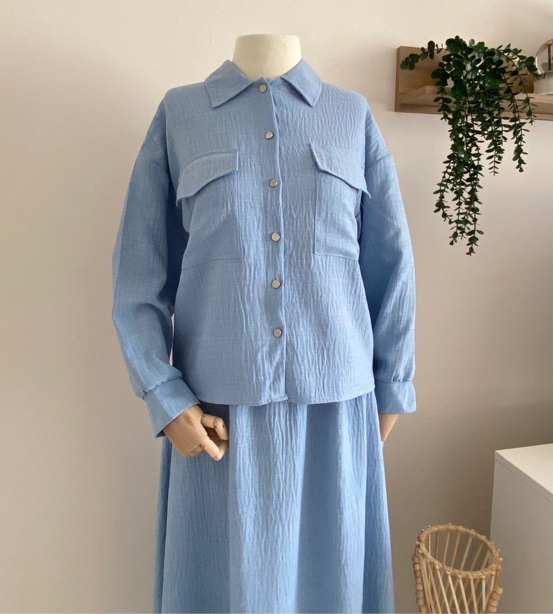 Mavi Uzun Keten Kadın Takım Elbise - Görsel 2