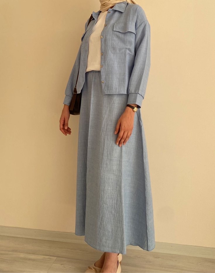 Mavi Uzun Keten Kadın Takım Elbise - Görsel 5