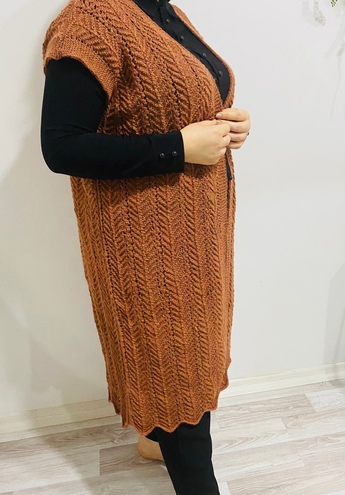 Bohem Tarz Kadın Kahverengi Örgü Yelek - Görsel 3