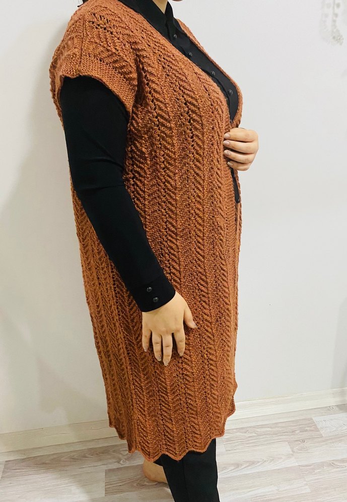 Bohem Tarz Kadın Kahverengi Örgü Yelek - Görsel 4