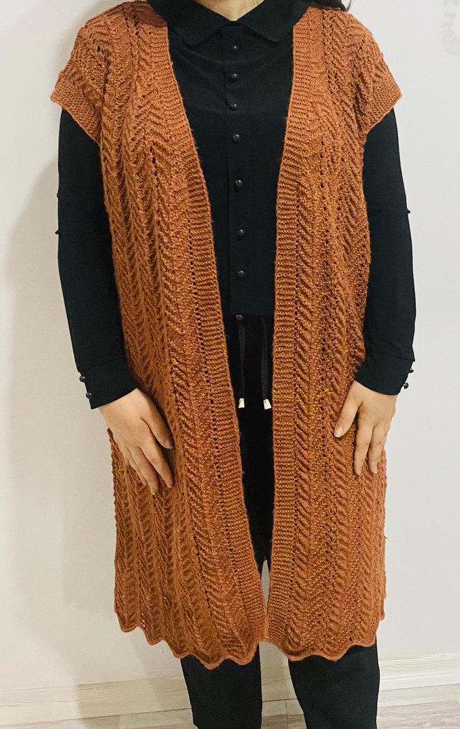 Bohem Tarz Kadın Kahverengi Örgü Yelek - Görsel 2