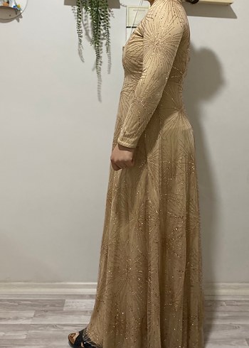 Bej Uzun Kollu Drapeli Uzun Abiye Elbise - Görsel 2