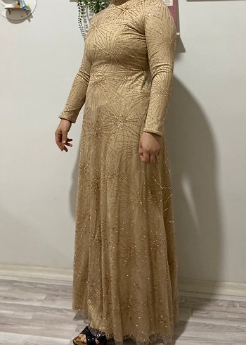 Bej Uzun Kollu Drapeli Uzun Abiye Elbise - Görsel 4