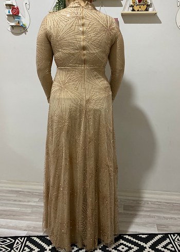 Bej Uzun Kollu Drapeli Uzun Abiye Elbise - Görsel 3