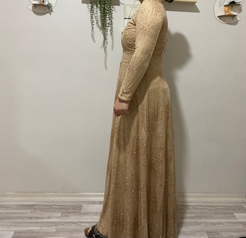 Bej Uzun Kollu Drapeli Uzun Abiye Elbise - Görsel 2