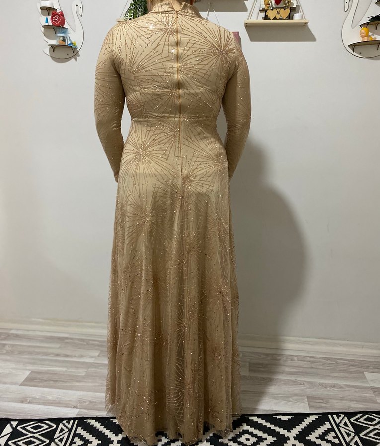 Bej Uzun Kollu Drapeli Uzun Abiye Elbise - Görsel 3