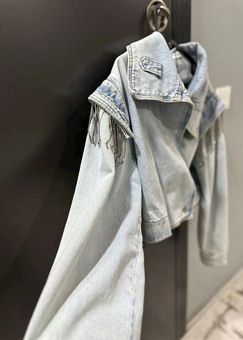 Calvin Klein Gri Mini Kadın Denim Ceket Zincir Detaylı