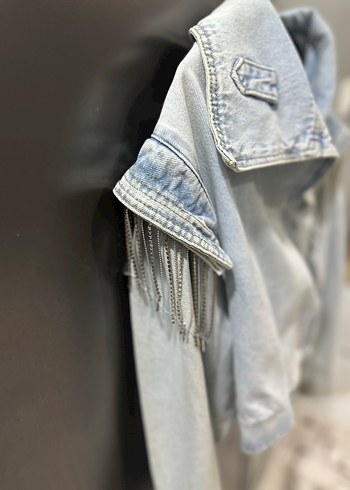 m Beden gri Renk Gri Mini Kadın Denim Ceket Zincir Detaylı