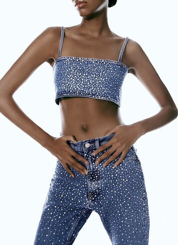 ZARA SUNİ TAŞLI DENİM TOP