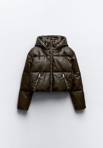 xs Beden haki Renk ZARA SUNİ DERİ KISA ŞİŞME ANORAK MONT