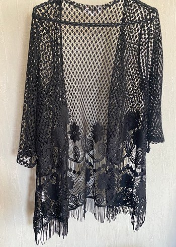 l Beden siyah Renk Penti Siyah Dantel İşlemeli Bohem Kimono
