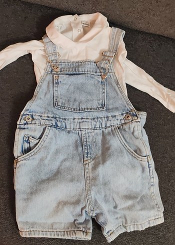 Kızlar için Gri Denim Askılı Şort Tulum - Görsel 4