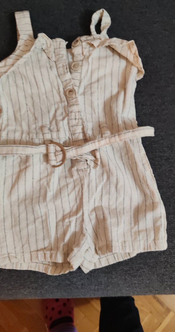 Bej Kız Keten Askılı Kemerli Tulum - Görsel 3