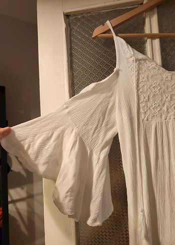 Nakışlı Beyaz Midi Keten Elbise - Görsel 2