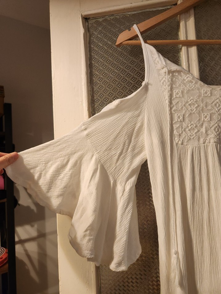 Nakışlı Beyaz Midi Keten Elbise - Görsel 2