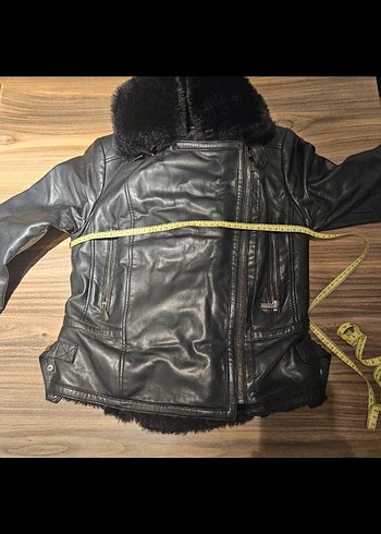 36 Beden pierre cardin Detaylı Siyah Deri Biker Ceket