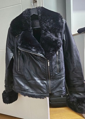 pierre cardin Detaylı Siyah Deri Biker Ceket