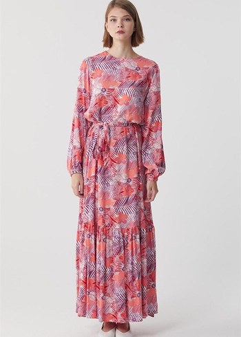 Pembe Uzun Bağlama Desenli Salaş Elbise - Görsel 4