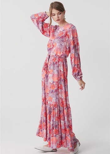 Pembe Uzun Bağlama Desenli Salaş Elbise - Görsel 2