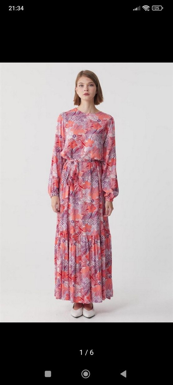 Pembe Uzun Bağlama Desenli Salaş Elbise - Görsel 4