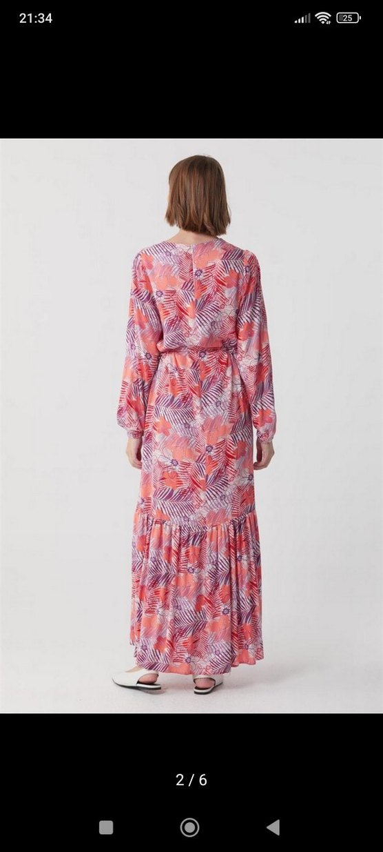 Pembe Uzun Bağlama Desenli Salaş Elbise - Görsel 3