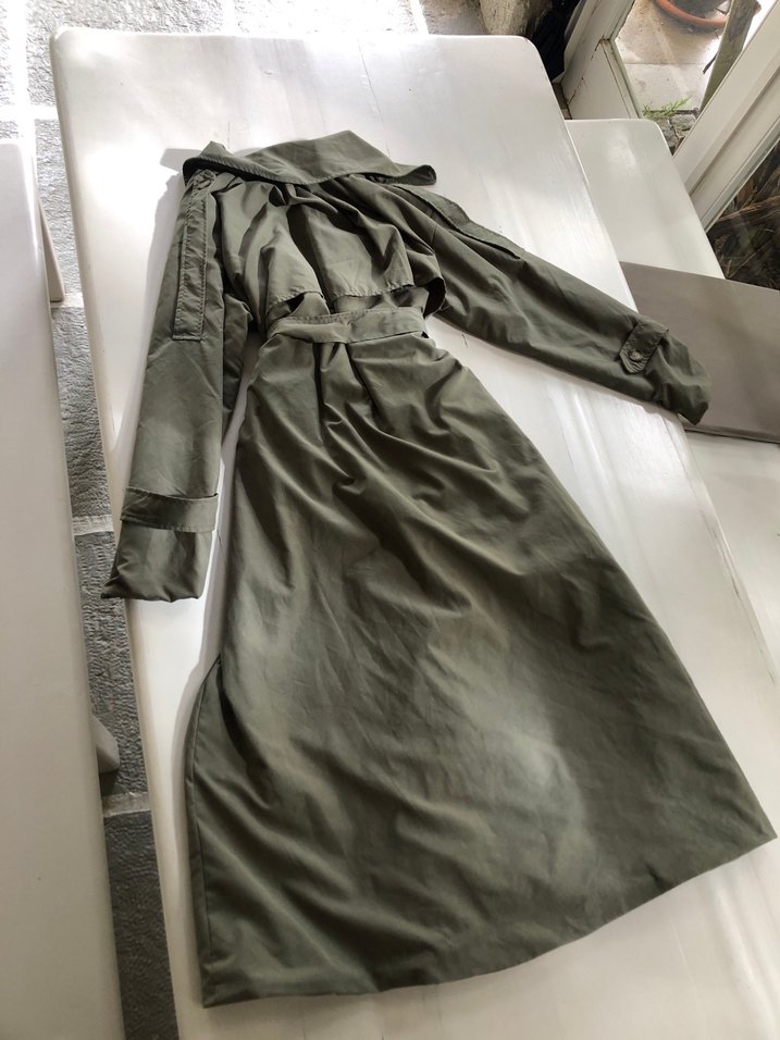 Kadın Haki Uzun Keten Trençkot - Görsel 2