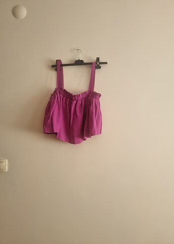 m Beden Pembe Keten Volanlı Straplez Mini Crop Top