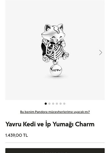 Pandora yavru kedi ve ip yumağı charm