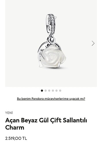 (Stok bitmiştir)Pandora açan beyaz gül charm