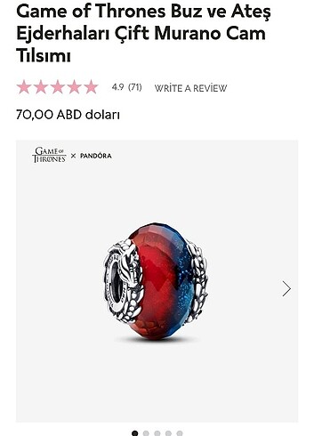 Pandora game of thrones buz ve ateş ejderhaları murano charm