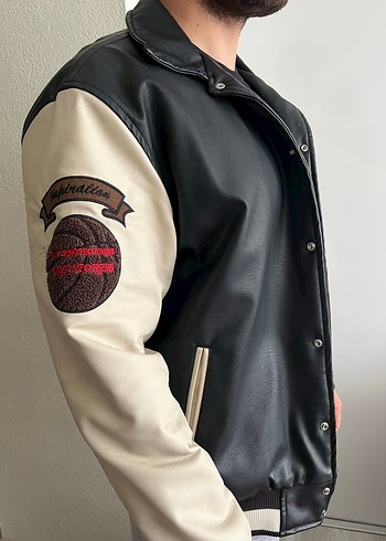 Düğmeli Siyah bej Deri Erkek Ceket - Görsel 4