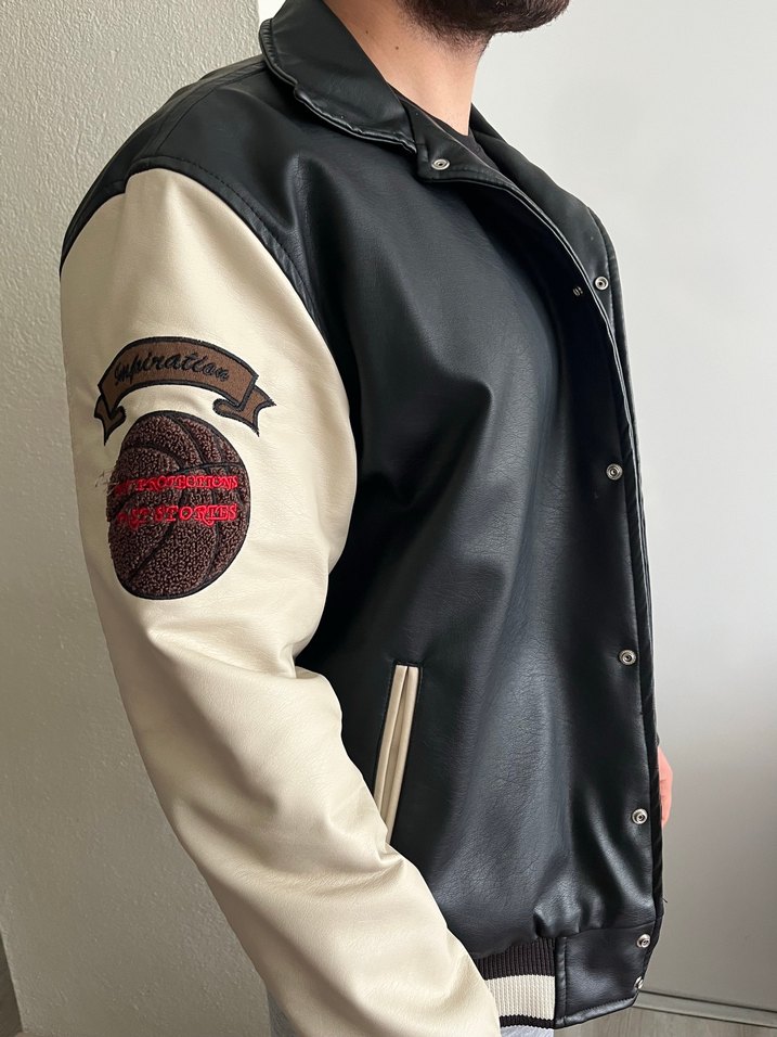 Düğmeli Siyah bej Deri Erkek Ceket - Görsel 4